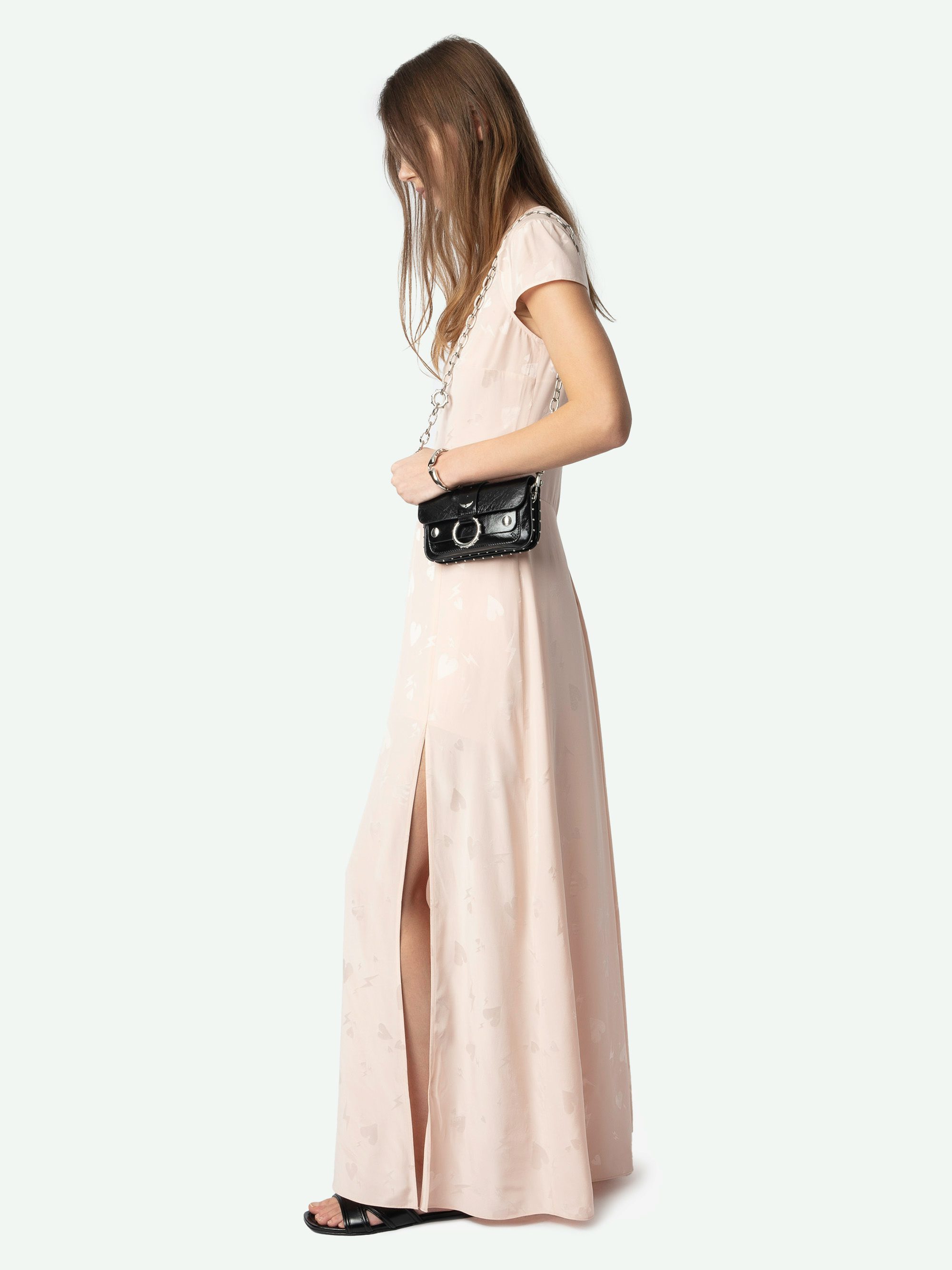 Robe Ravir 100% Soie - Robe longue esprit lingerie en soie jacquard, avec fente, manches courte et dentelle exclusive française.